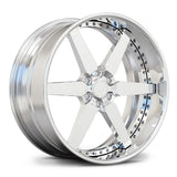 Polished RV-DF14 6-lug wheel for a Ford F-150 build, featuring a six-spoke face, deep dish profile and three-piece rim construction.