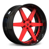 RV-DF14 red and gloss black 6-lug forged wheel for a Ford F-150 performance build, showing the six-spoke face and deep dish profile.