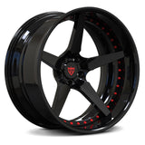 Face view of the RV-DF14 forged 5-spoke rim in gloss black and red, demonstrating the deep concave geometry for modern pony cars.