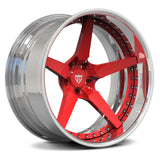 Close-up perspective of the RV-DF14 2-piece forged rim featuring a high-luster polished finish with vibrant red directional accents.