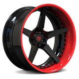 Close-up of the RV-DF14 2-piece forged rim showcasing the precision hand-polished finish and red track-inspired accents.