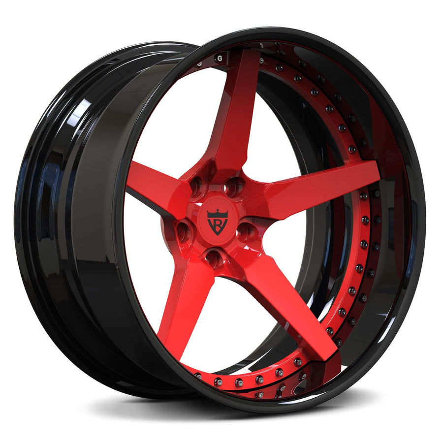 Side-profile view of the RV-DF14 2-piece forged wheel in red and black, specifically tailored for the Ford Mustang GT fitment.