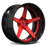 Side-profile view of the RV-DF14 2-piece forged wheel in red and black, specifically tailored for the Ford Mustang GT fitment.