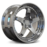 Close-up of RV-DF15 2-piece forged wheel featuring a mirror chrome finish and aggressive step lip architecture.