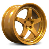 Custom Gloss Gold RV-DF15 forged wheel, 5-spoke performance rim for high-end automotive builds.