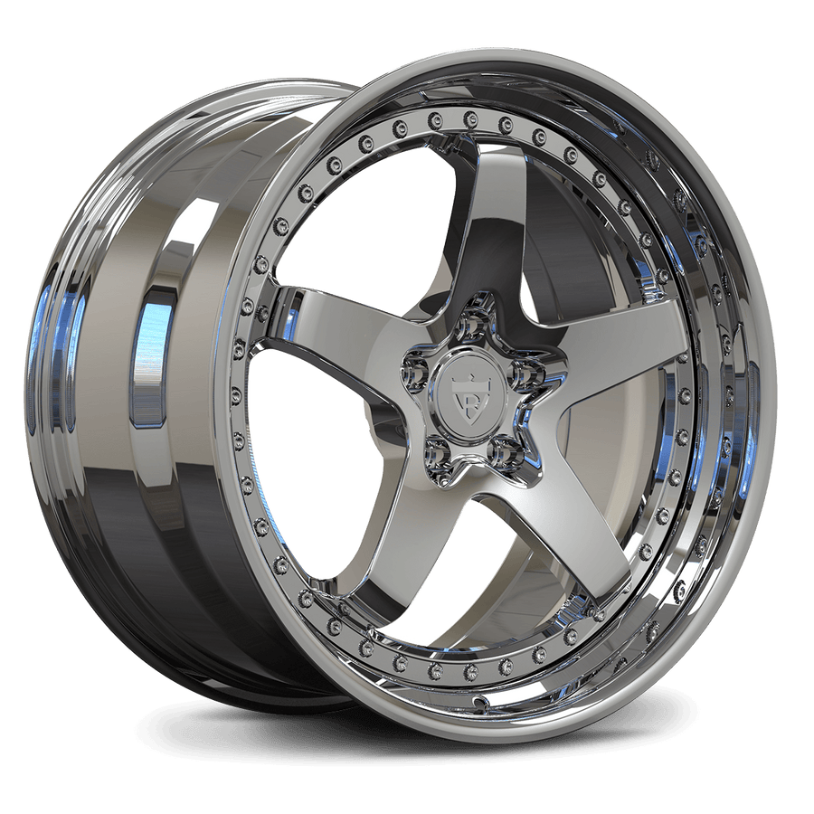 RV-DF15 custom 2-piece forged wheel in Mirror Chrome, classic 5-spoke step lip design for Ford Mustang Shelby GT500.