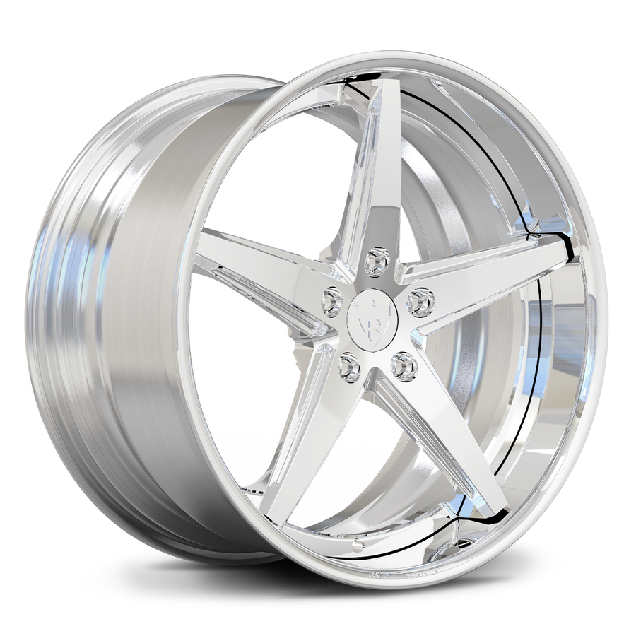 RV-DL01 polished 5-spoke forged wheel showing deep dish depth and concave face for performance cars.
