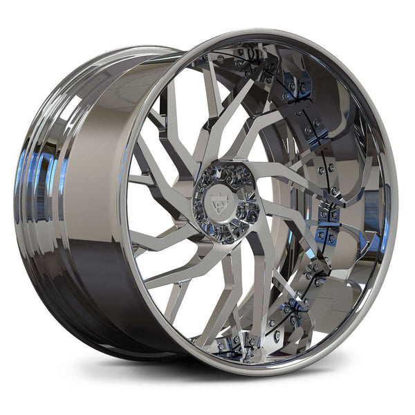 RV-DM01 custom 2-piece forged directional wheel in mirror chrome finish, featuring an aggressive deep dish design for Dodge Challenger.