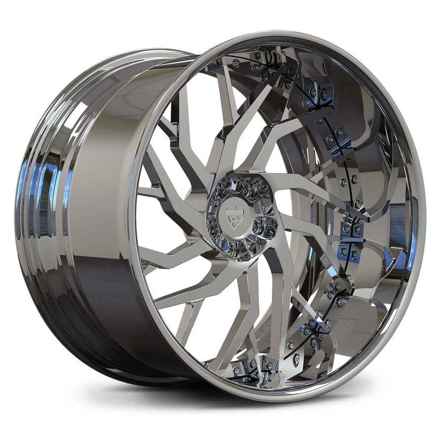 RV-DM01 custom 2-piece forged directional wheel in mirror chrome finish, featuring an aggressive deep dish design for Dodge Challenger.