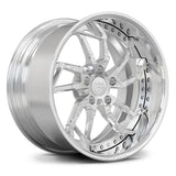 Detailed close-up of the RV-DM02 2-piece forged rim, showcasing the polished brushed finish and extreme deep dish lip for classic muscle car stance.