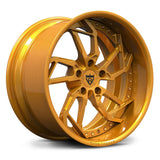 RV-DM02 custom forged 2-piece modular wheel in premium brushed gold finish, engineered for performance fitments on vintage and modern Mustang builds.