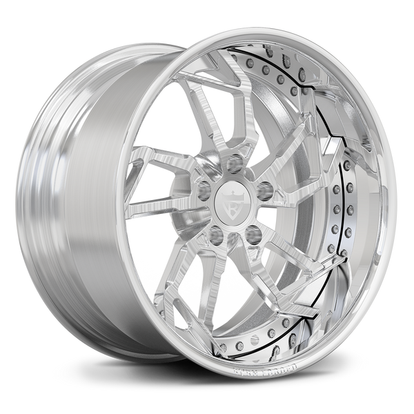 RV-DM02 custom forged wheel with a unique polished and brushed finish, featuring a deep concave directional design optimized for Ford Mustang fitment.
