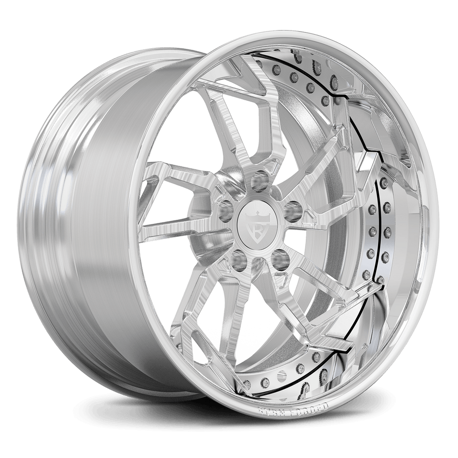 RV-DM02 custom forged wheel with a unique polished and brushed finish, featuring a deep concave directional design optimized for Ford Mustang fitment.