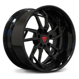 RV-DM02 gloss black forged rim with a directional turbine face and signature deep dish lip, perfect for achieving an aggressive stance on classic American muscle.
