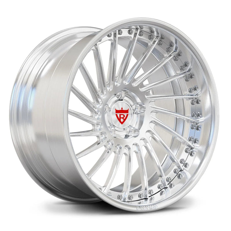 Mustang directional forged wheels with brushed clear multi-spoke design, RV-DN01 deep lip.