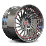 Ford Mustang S650 chrome directional wheels, RV-DN01 multi-spoke deep dish for muscle cars.