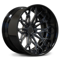 RVRN RV-DN02 forged 2-piece deep lip multi spoke wheel with black chrome spokes and gloss black barrel for Mustang and Acura fitments