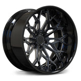 RVRN RV-DN02 forged 2-piece deep lip multi spoke wheel with black chrome spokes and gloss black barrel for Mustang and Acura fitments