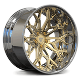 RV-DN02 forged 2-piece wheel with chrome barrel and multi-spoke transparent fronze gold face