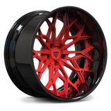 RV-DN02 forged 2-piece wheel with black barrel and red multi-spoke face for performance builds