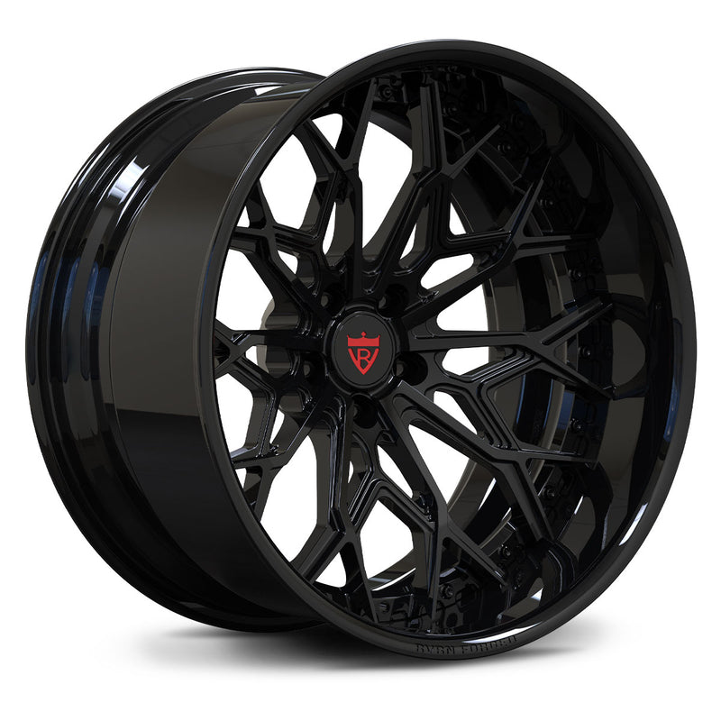RV-DN02 gloss black forged 2-piece wheel with deep lip, deep concave and aggressive multi-spoke design