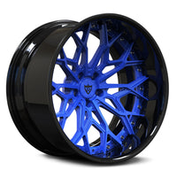 RVRN RV-DN02 forged 2-piece deep lip multi spoke wheel with metallic dark blue spokes and gloss black barrel for Mustang and Acura fitments