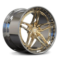 RV-DP03 frozen gold 5-spoke center with polished chrome barrel and exposed perimeter bolts