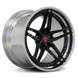 RV-DP03 gloss black 5-spoke center with a polished barrel and a red center cap badge