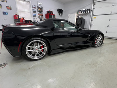 Angled view of chrome deep dish forged wheel for 2016 Corvette C7 Z51, custom 19x9.5 and 20x11 sizing, personalized wheel design