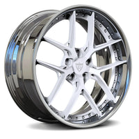Striking Chrome and White RV-DR08 forged wheel, deep dish Y-spoke architecture for custom Porsche builds.