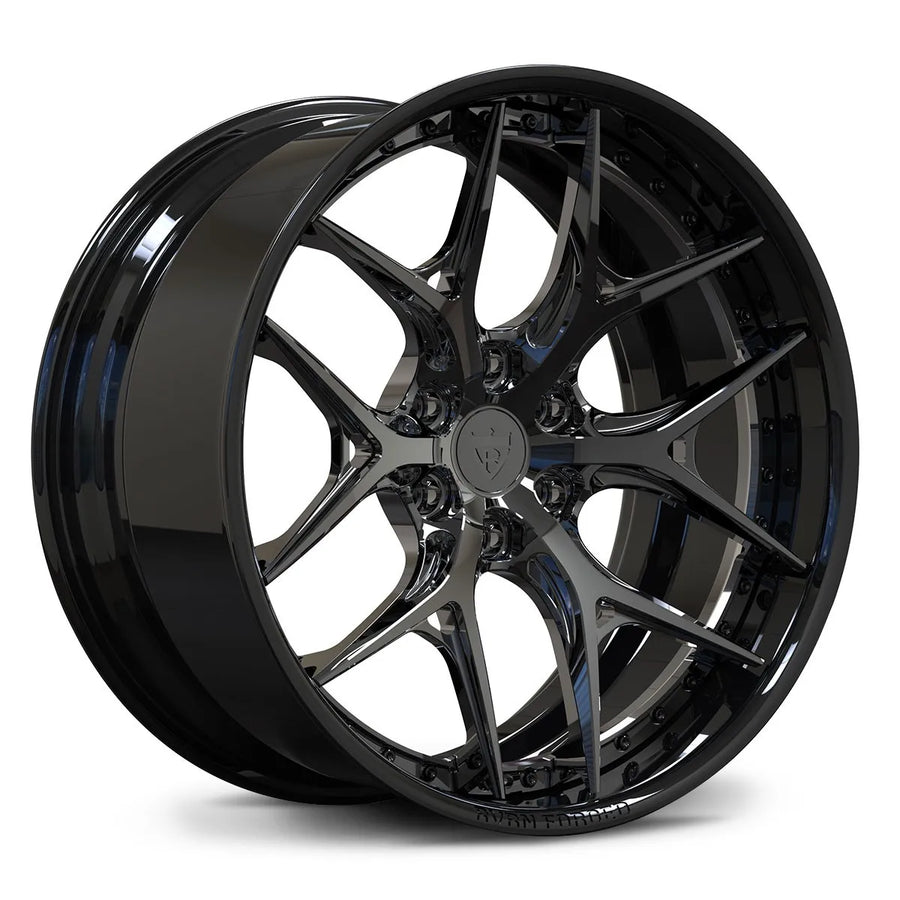 RV-DR08D custom forged wheel for Cadillac Escalade builds, shown in gloss black and black chrome with a 6-lug Y-spoke design and deep lip.
