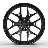 Front detail of a gloss black RV-DR08D 6-lug wheel for Cadillac Escalade builds, showing the Y-spoke face, hub layout and deep concave design.