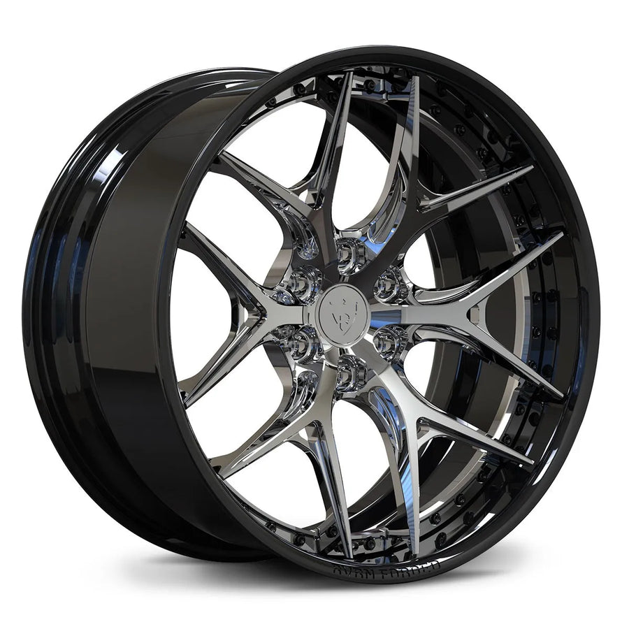 Gloss black and chrome RV-DR08D forged wheel for a Cadillac Escalade application, featuring a sharp Y-spoke face and deep concave styling.