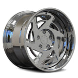 Angled RV-DR155 chrome forged wheel with a directional face, deep lip profile and custom 3-piece construction.