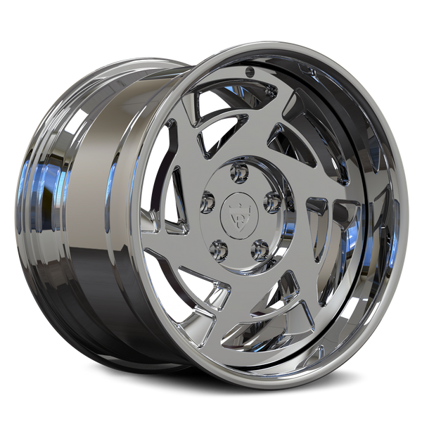 Transparent view of an RV-DR155 chrome directional wheel, highlighting the deep lip, layered rim and custom forged face.