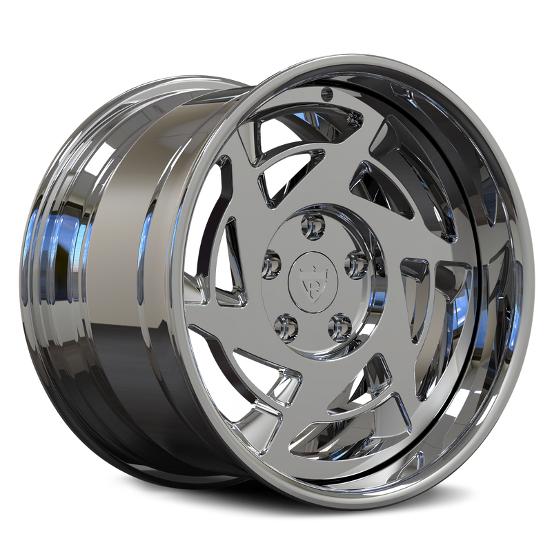 Transparent view of an RV-DR155 chrome directional wheel, highlighting the deep lip, layered rim and custom forged face.