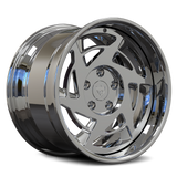 Transparent view of an RV-DR155 chrome directional wheel, highlighting the deep lip, layered rim and custom forged face.
