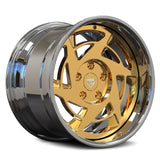 RV-DR155 chrome and polished frozen gold directional wheel featuring a deep lip and custom forged 3-piece profile.