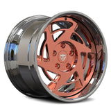 RV-DR155 directional 3-piece forged wheel in chrome and polished rose gold, showing the deep lip profile and layered wheel construction.