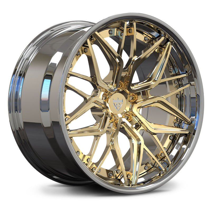 RV-DR19 chrome and polished fronze-gold 2-piece forged wheel with multi-spoke design for BMW M3/M4, corvette and sports cars