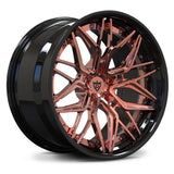 RV-DR19 gloss black and polished rose-gold forged wheel detail shot featuring multi-spoke deep dish design