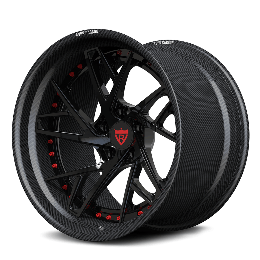 RV-DS74 CF carbon fiber forged wheel with gloss black center and red assembly hardware