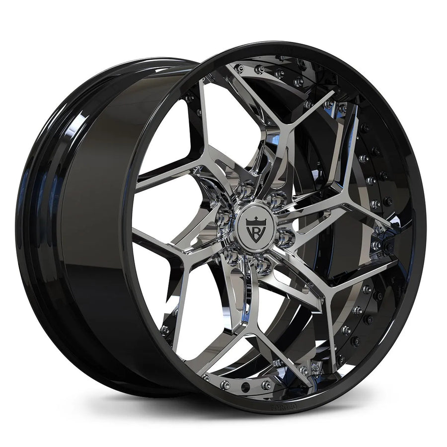 RV-DV03 Cadillac 6-lug forged wheel in black and chrome with Y-spoke deep dish design