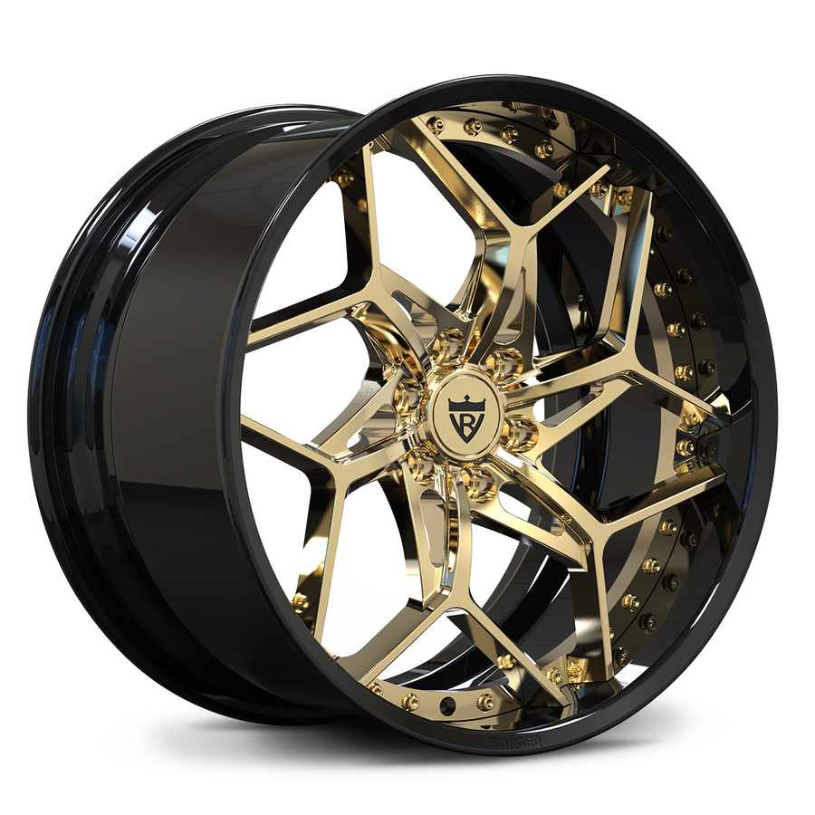 RV-DV03 Cadillac 6-lug forged wheel with black barrel, frozen gold Y-spoke face and deep dish profile