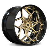 RV-DV03 Cadillac 6-lug forged wheel with black barrel, frozen gold Y-spoke face and deep dish profile