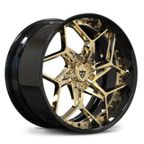 Black Cadillac forged wheel with frozen gold Y-spoke face and visible deep dish lip