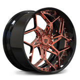 Cadillac custom forged wheel with black barrel, rose gold Y-spokes and deep dish profile
