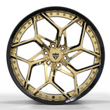 Front detail of Cadillac 6-lug forged wheel with frozen gold Y-spokes and visible hardware