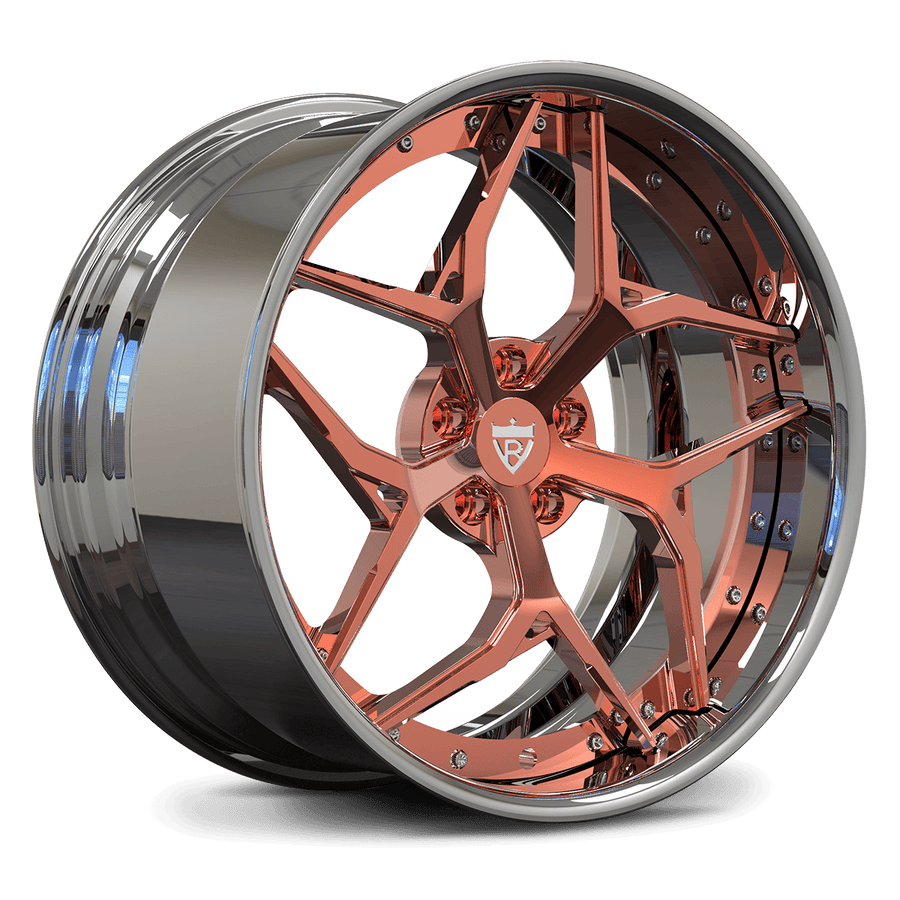 Detailed view of the slight concave profile on RV-DV04 Rose Gold forged wheel, optimized for BMW M8 clearance.