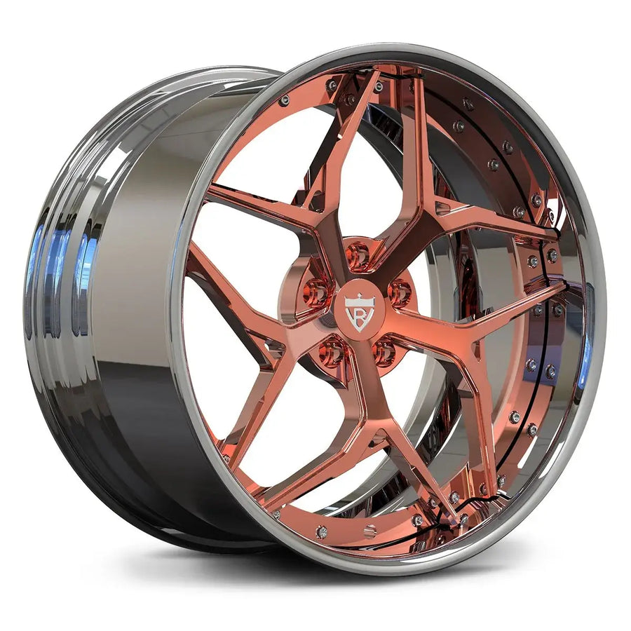 RV-DV04 custom 2-piece forged wheel with Polish Rose Gold center and Chrome lip, engineered for BMW M5.